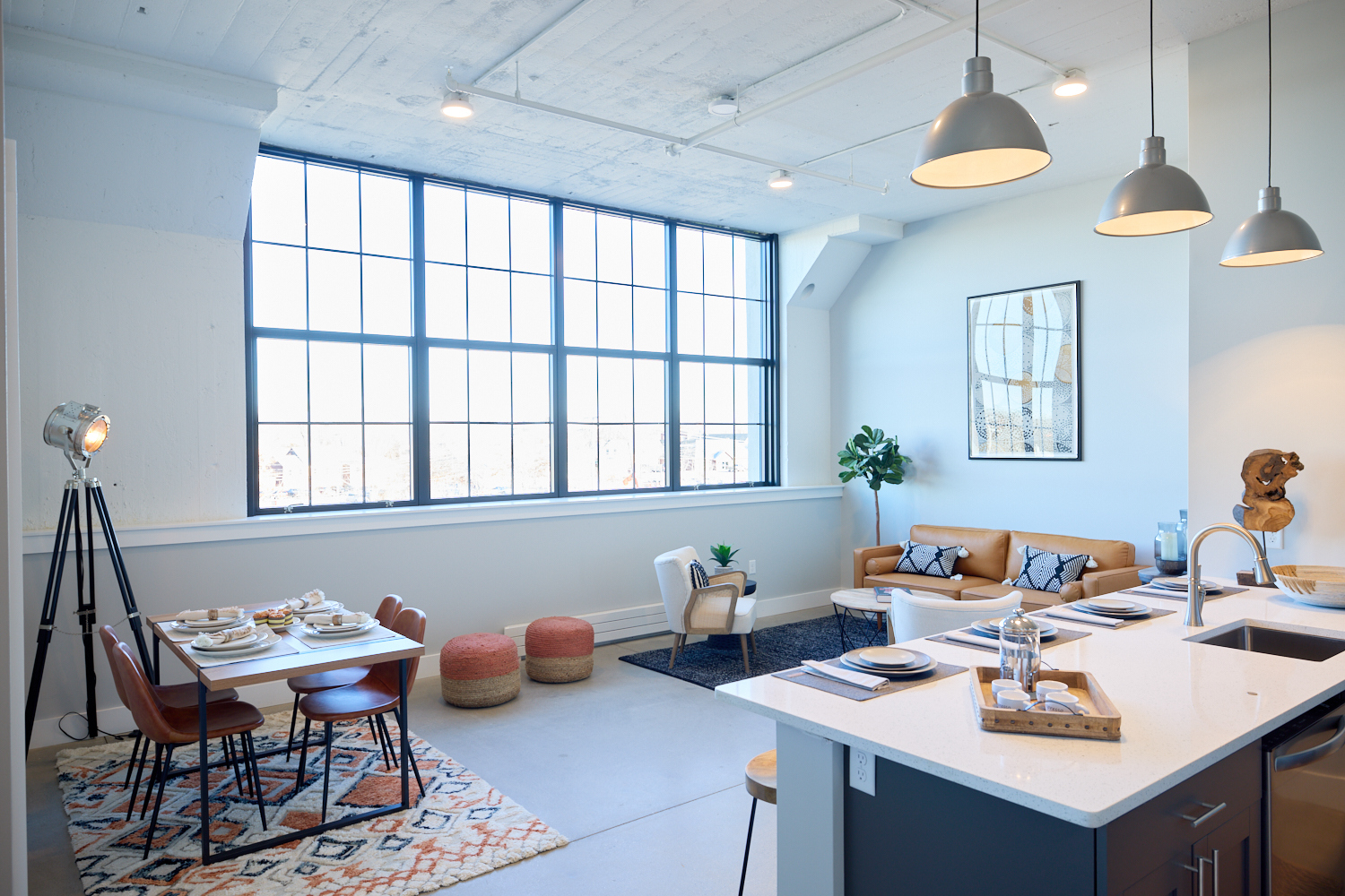 A photo of a living space as seen from the kitchen.